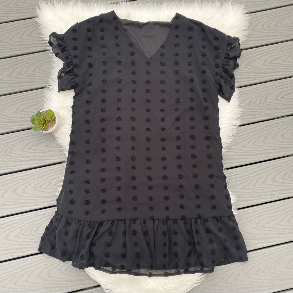 Patterned Ruffle Black Dress